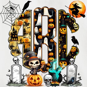 May include: A Halloween-themed design featuring a black and white monogram with the letters "ABC" surrounded by pumpkins, ghosts, and bats. The design is set against a white background.