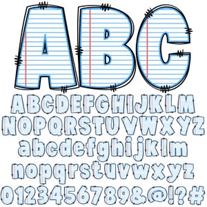 Puede incluir: Una fuente de alfabeto azul y negro con un dise&ntilde;o de papel de cuaderno. Las letras son may&uacute;sculas, min&uacute;sculas y n&uacute;meros del 0 al 9. La fuente tambi&eacute;n incluye s&iacute;mbolos como la ampersand, la arroba, el signo de exclamaci&oacute;n, el signo de interrogaci&oacute;n y el numeral.