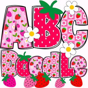 May include: A whimsical design featuring the letters "ABC Doodle" in a playful, strawberry-themed font. The letters are decorated with strawberries, flowers, and pink patterns, with a white background.