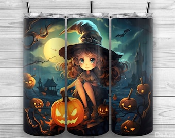 Lindo vaso de bruja, bruja de dibujos animados de Halloween, vaso flaco de 20 oz PNG, diseño de sublimación, envoltura de vaso, cónico recto, diseño 207