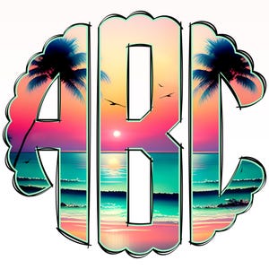 May include: A monogram design featuring the letters A, B, and C. The letters are outlined in black and filled with a sunset scene over a beach with palm trees.