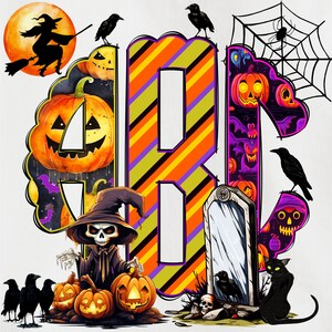 May include: Halloween themed monogram with the letters A, B, and C. The letters are decorated with orange, yellow, and purple stripes. The background includes pumpkins, bats, spiders, and a witch.
