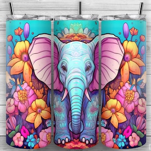 Elephant Tumbler Design, Floral Elephant, Flowers, 20oz Skinny Tumbler PNG, Sublimation Design, Tumbler Wrap, Straight Tapered, Design 41