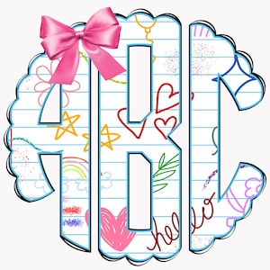 Back to School Monogram PNG, Back to School Monogram, Notebook Page Monogram, Preppy Coquette, Doodle Monogram, Round Monogram, Monogram 41