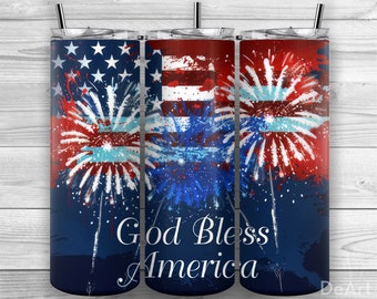 Gud välsigne Amerika, 4 juli, amerikansk flagga, 20oz smal tumbler PNG, sublimeringsdesign, tumbleromslag, rak avsmalnande, design 377