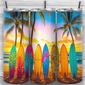 May include: A set of six colorful surfboards with palm trees and a sunset in the background. The surfboards are lined up on a sandy beach with ocean waves in the background.