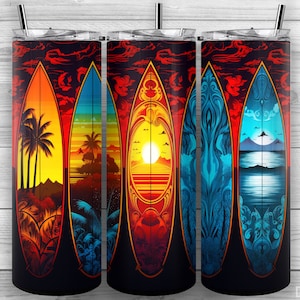 Hawaiian Surfboards, Summer Sunset, 20oz Skinny Tumbler PNG, Sublimation Design, Tumbler Wrap, Straight Tapered, Beach Tumbler Design-78