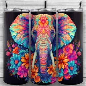Elephant Tumbler Design, Floral Elephant, Flowers, 20oz Skinny Tumbler PNG, Sublimation Design, Tumbler Wrap, Straight Tapered, Design 33