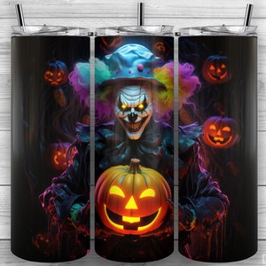 Vaso de payaso aterrador, Jack-O'-Lanterns, vaso flaco de 20 oz PNG, diseño de sublimación, envoltura de vaso, cónico recto, diseño 205