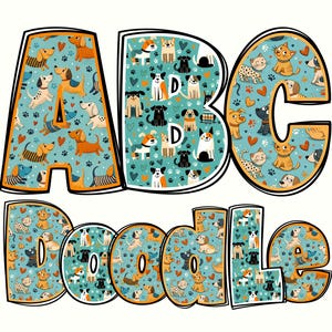 May include: A vibrant illustration spelling "Doodle" with letters filled with dog and cat designs. The letters A, B, and C are visible, along with the letters D, O, O, D, L, and E. The background is teal, and the letters have a black outline.