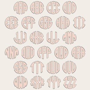 May include: A set of 26 monogrammed circles with pink and white polka dot patterns. Each circle features a different letter of the alphabet, from A to Z.