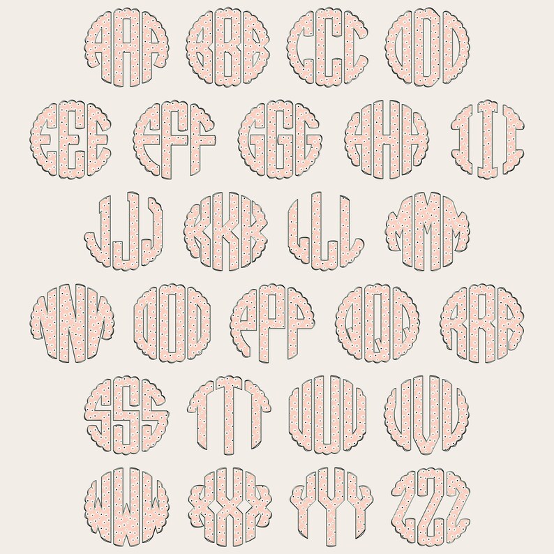 May include: A set of 26 monogrammed circles with pink and white polka dot patterns. Each circle features a different letter of the alphabet, from A to Z.