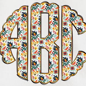 Spring Monogram PNG, Flower Monogram, Spring Floral Monogram, Alpha Doodle, Doodle Monogram, Round Monogram, Circle Scalloped Monogram 1A
