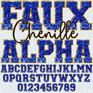 May include: Blue and gold faux chenille alphabet letters and numbers. The letters are in a bold, blocky font. The word "Faux Chenille Alpha" is at the top of the image.