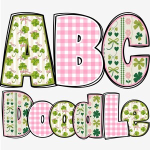 May include: Colorful ABC Doodle letters. The letters are decorated with various patterns, including pink gingham, shamrocks, bows, and floral designs. The letters have a black outline and are set against a white background.