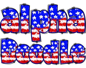 Patriotisches Alphabet PNG, 4. Juli, Unabhängigkeitstag, Alpha Doodle, PNG-Buchstaben, amerikanisches Doodle, Alpha Pack, US-Flagge, Doodle 1A