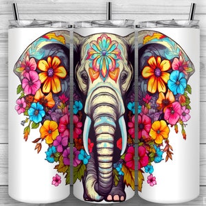 Elephant Tumbler Design, Floral Elephant, Flowers, 20oz Skinny Tumbler PNG, Sublimation Design, Tumbler Wrap, Straight Tapered, Design 39