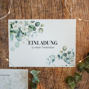 Einladungskarte für Konfirmation, Firmung oder Kommunion mit Eukalyptus-Ranken in den Ecken auf Aquarellpapier