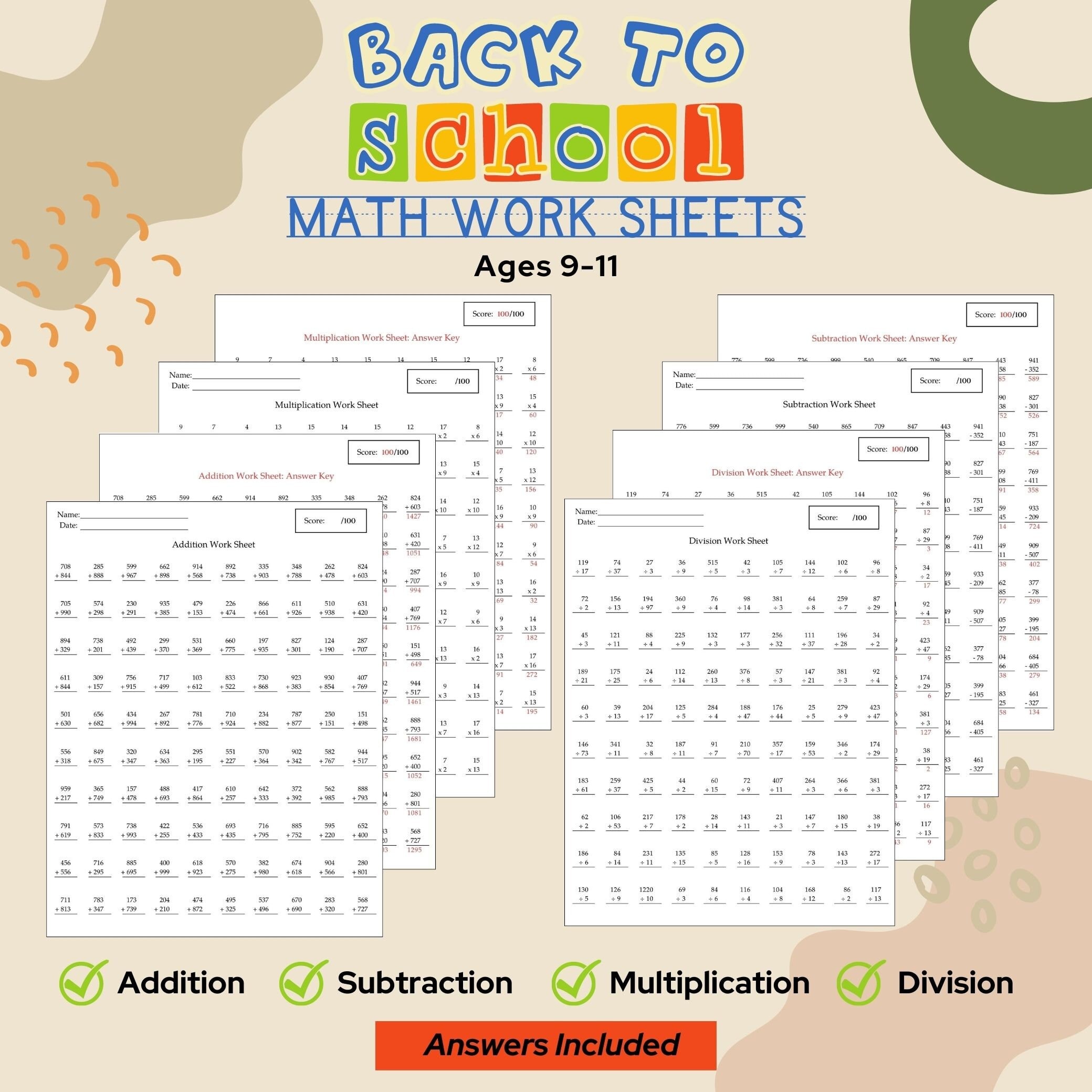 Mathematics Sheets Grades 4-5 Math Practice Work Sheets - Etsy