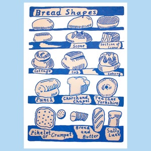 Op de afbeelding: Een blauw-witte prent die verschillende broodvormen toont, waaronder scones, cob en tea cakes. De tekst "Bread Shapes" staat bovenaan. De afbeelding heeft een lichtblauwe achtergrond.