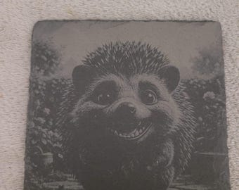 Engraved Hedgehog Slate Coaster – Natural Stone Animal Lover Gift