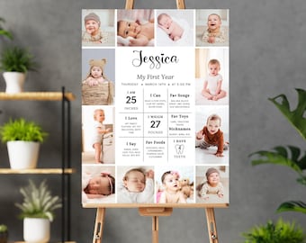 Editable Baby First Birthday Milestone Board, Photo Sign (Digital Download)