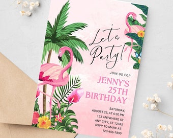 Flamingo Birthday Party Invitation, Flamingo Pool Party Invitation, Tropical Birthday Invitation, Instant Download Editable Invitation