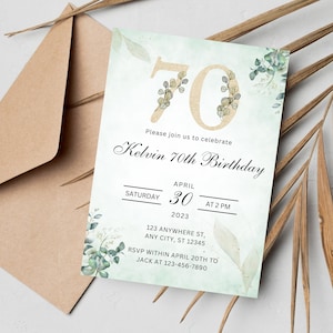 Plantilla editable de invitación de cumpleaños número 70, invitación de cumpleaños verde floral, invitación de cumpleaños para adultos, saludos a los 70 años, plantilla Canva editable