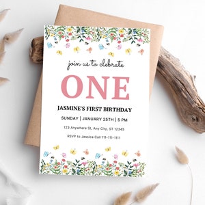 Wildflower 1st Birthday Party Invitation template, Wildflower Invitation, Floral Garden, Flower Birthday Invite, Instant Download