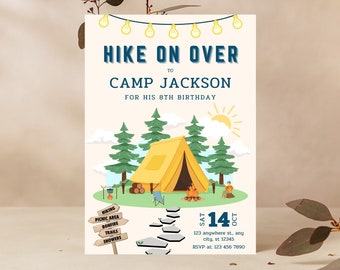 Camping Birthday Invitation Template, Camping Party Invitation, Backyard Bonfire Party, Boy Campout, Smores Party, Instant Download
