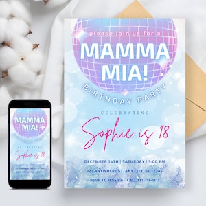 Mamma Mia Party Invitation, Birthday Party Invitation, Mamma Mia Dancing Queen, Fully Editable Template, e-invite Phone Invitations