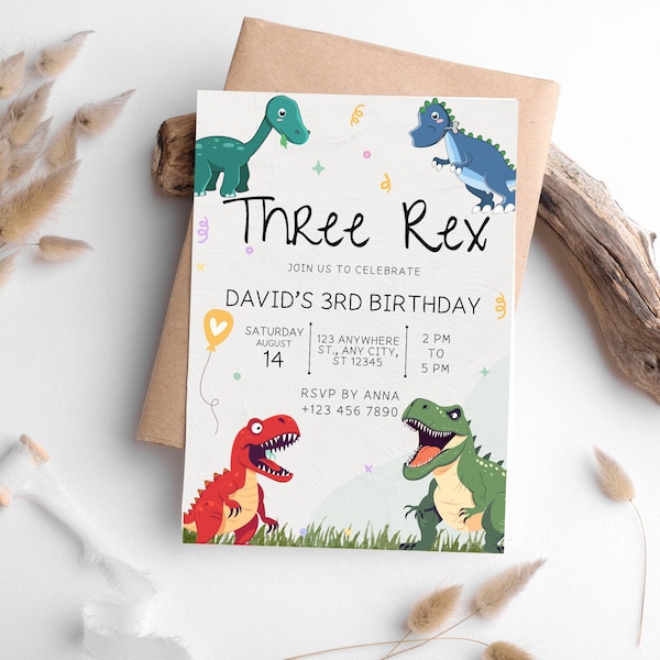 Editable Three Rex Birthday Invitation Template, Dinosaur birthday invitation, Three rex birthday Invite Printable, Instant Download