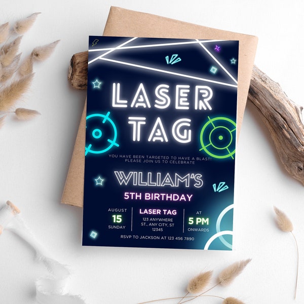 Faire-part d'anniversaire modifiable laser tag, faire-part d'anniversaire néon laser tag, faire-part de fête d'anniversaire garçon, téléchargement immédiat