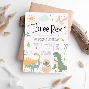 Editable Three Rex Birthday Invitation Template, Dinosaur birthday invitation, Three rex birthday Invite Printable, Instant Download