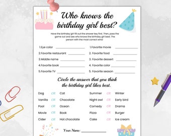 Who Knows The Birthday Girl Best, Birthday Questionnaire Activity, Girl Birthday Party Game, Instant Download