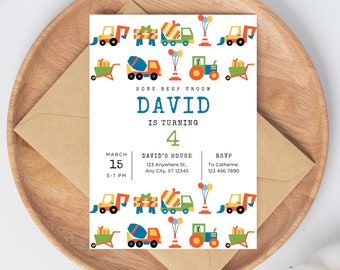 May include: Construction themed birthday party invitation with a white background and colorful illustrations of construction vehicles, a wheelbarrow, and traffic cones. The text reads "Honk Beep Vroom David is turning 4" with details for the party date, time, location, and RSVP information.