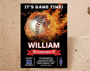 May include: Baseball-themed birthday invitation with a fiery baseball graphic. The invitation is for William's 11th birthday party on Thursday, September 22nd at 5 PM. RSVP to Jessica at 111-111-1111.