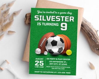 May include: Green invitation with a sports theme for a birthday party. The invitation says "You're invited to a game day Silvester is turning 9" with a soccer ball, basketball, baseball, and tennis ball. The date is August 25th from 1:30-4:00. The location is DK Party & Play Center, 123 Anywhere St., Any City, ST 12345. The invitation says to wear your favorite sports gear and that siblings are welcome. RSVP to Catherine at 123 456 7890.