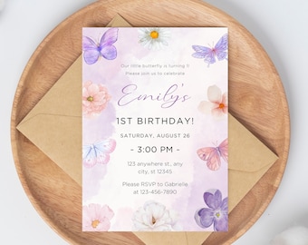 Butterfly 1st Birthday Invitation, Girl Party Invite (Digital Download)