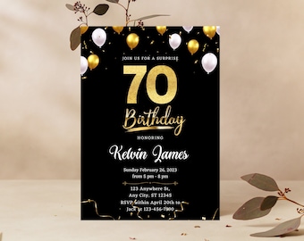 Black and Gold 70th Birthday Invitation Template (Editable Canva Template)