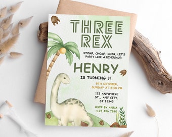 Bearbeitbare drei Rex Geburtstagseinladungsvorlage, Dinosaurier einladen (Instant Download)
