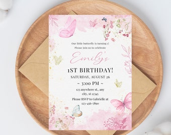 Butterfly 1st Birthday Invitation, Pink Floral Design (Digital Download)