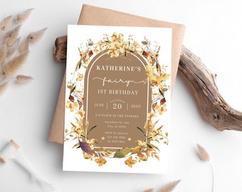 Fall Fairy 1st Birthday Invitation Template, Editable Wildflower Design (PDF)