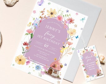 Fairy First Birthday Invitation Template, Muted Blush Boho Wildflower Birthday Invite, Enchanted Fairy First Birthday Garden Party Invite