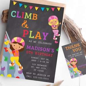 Invitación de escalada en roca, invitación de cumpleaños de escalada en roca, etiqueta de regalo de escalada en roca, invitación de cumpleaños de muro de escalada