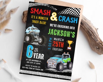 May include: A black and white invitation for a monster truck bash. The invitation features a blue monster truck with a shark face and a green monster truck. The text on the invitation reads "Smash & Crash It's a Monster Truck Bash! We're crashing into Jackson's 6th Year March 25th Thursday 5:00 PM AT 123 Anywhere St., Any City, ST 12345 R.S.V.P to Alisa at: 123-456-7890 by March 2nd"