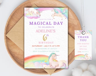 Pastel Rainbow Unicorn Birthday Invitation Template (Digital Download)