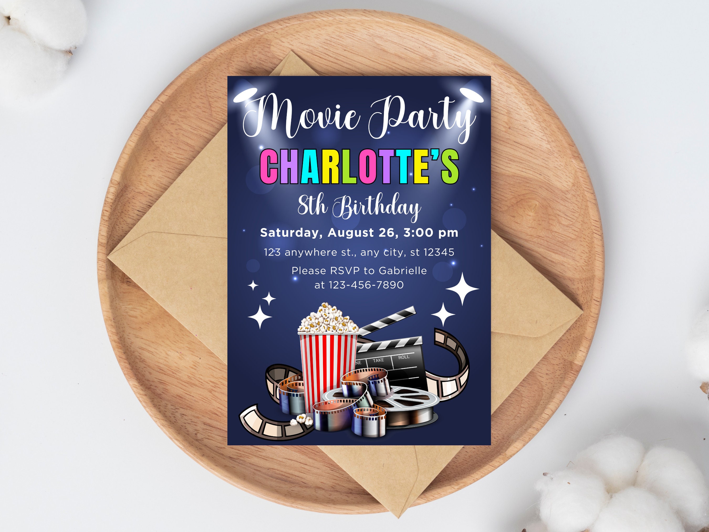 Editable Backyard Movie Night Birthday Invitation, Movie Party