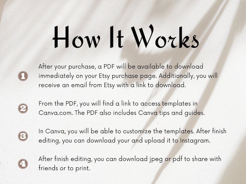 Może przedstawiać: Białe tło z czarnym tekstem wyjaśniającym, jak korzystać z produktu cyfrowego. Tekst zawiera numerowane kroki: 1. Pobierz plik PDF, 2. Uzyskaj dostęp do szablon&oacute;w w Canva, 3. Dostosuj szablony w Canva, 4. Pobierz i udostępnij gotowy produkt.