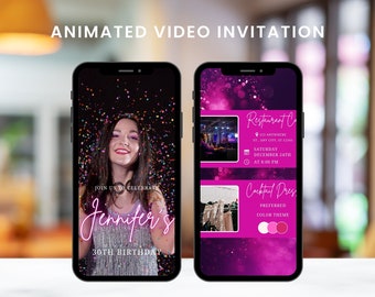 Puede incluir: La pantalla de un teléfono inteligente que muestra una invitación de video para el cumpleaños número 30 de Jennifer. La invitación presenta un esquema de color rosa y morado con confeti y una foto de Jennifer. El texto en la pantalla dice "Únete a nosotros para celebrar el cumpleaños número 30 de Jennifer" e incluye detalles sobre el evento, incluida la fecha, la hora y la ubicación.